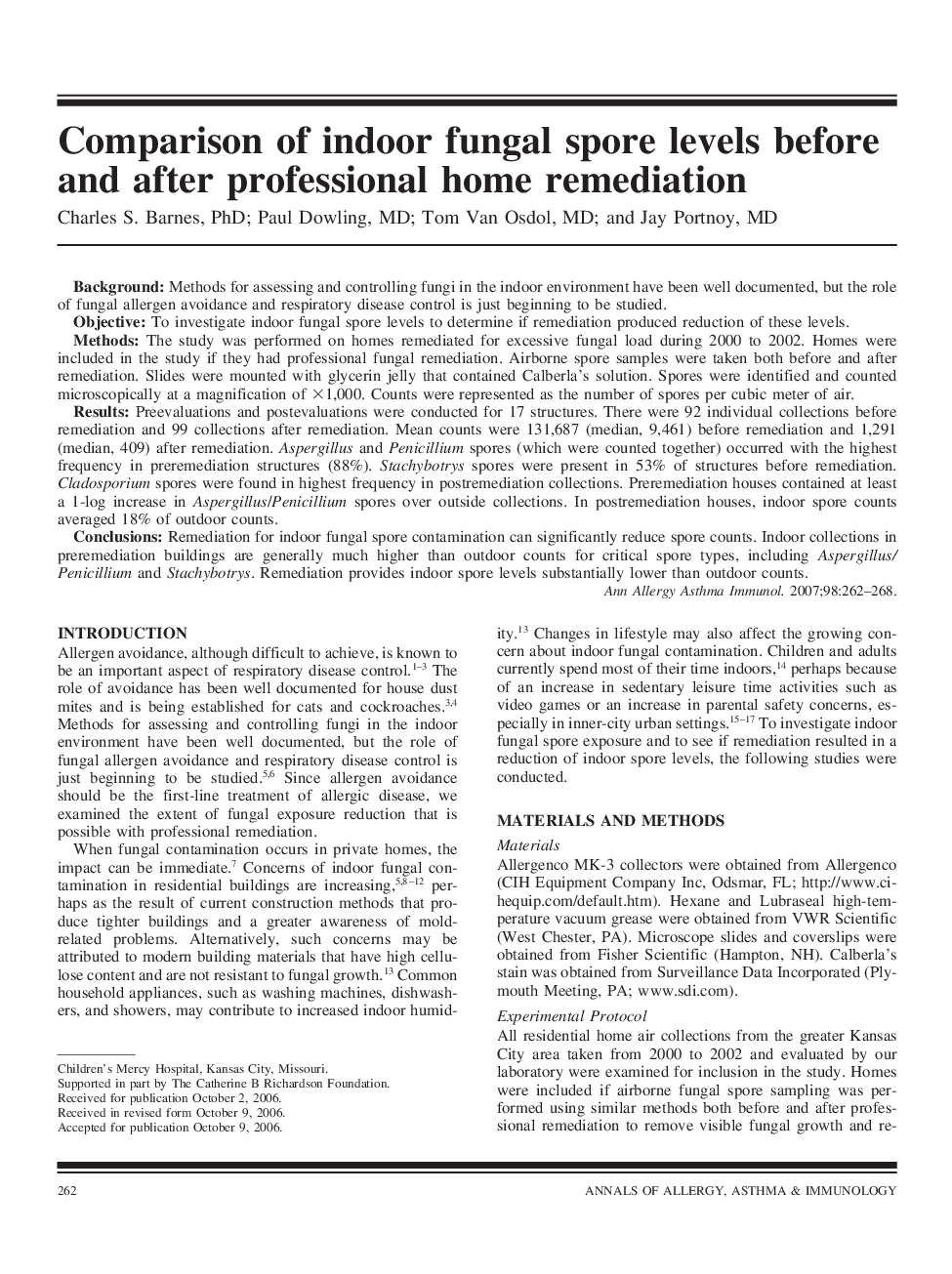 Comparison of indoor fungal spore levels before and after professional home remediation