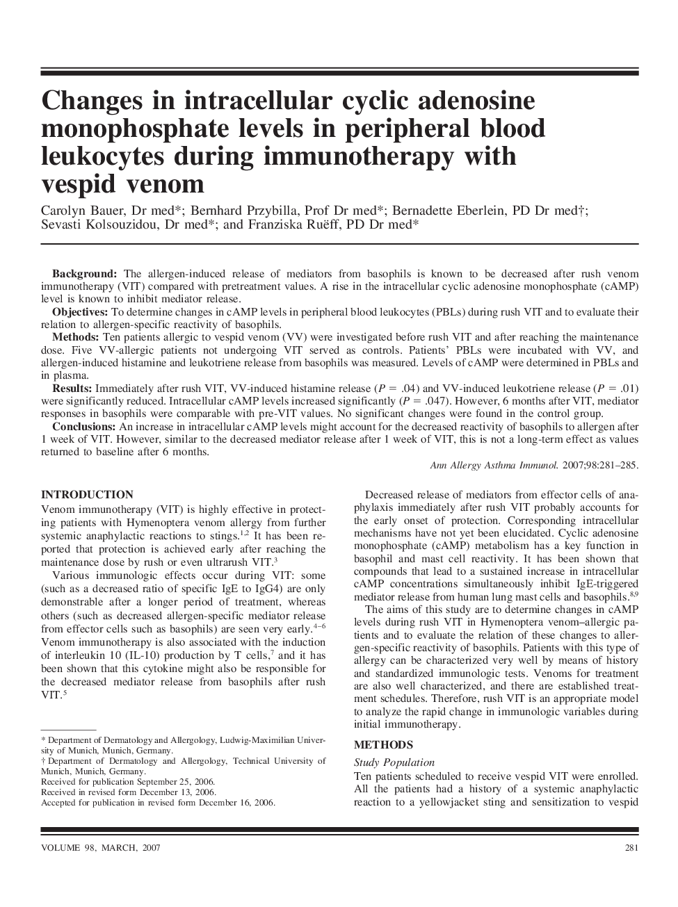 Changes in intracellular cyclic adenosine monophosphate levels in peripheral blood leukocytes during immunotherapy with vespid venom