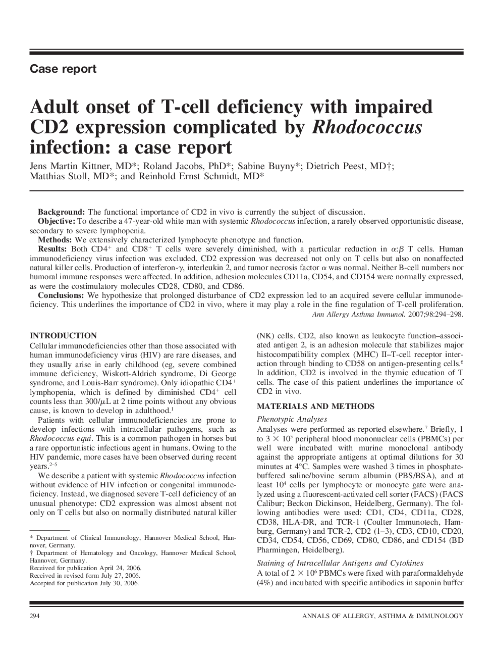 Adult onset of T-cell deficiency with impaired CD2 expression complicated by Rhodococcus infection: a case report