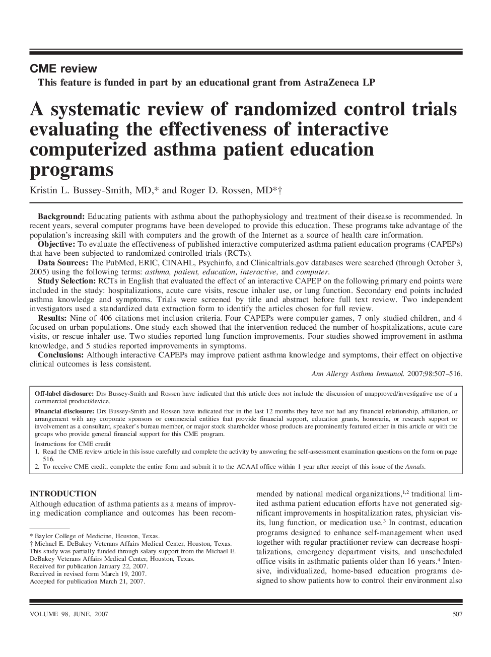 A systematic review of randomized control trials evaluating the effectiveness of interactive computerized asthma patient education programs
