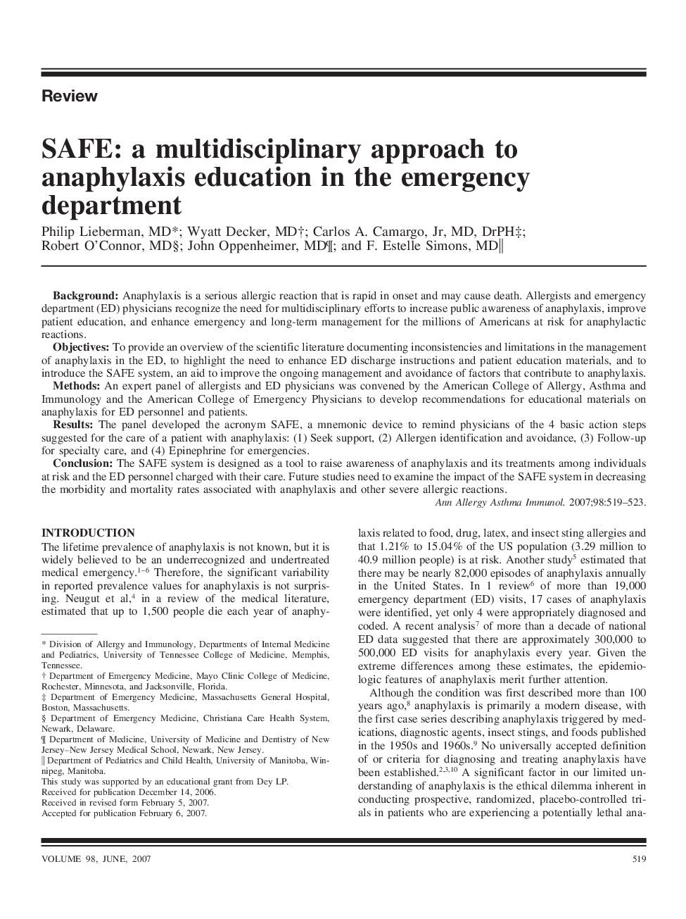 SAFE: a multidisciplinary approach to anaphylaxis education in the emergency department