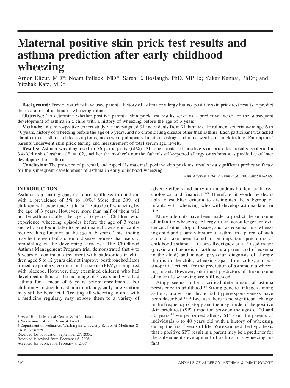 Maternal positive skin prick test results and asthma prediction after early childhood wheezing