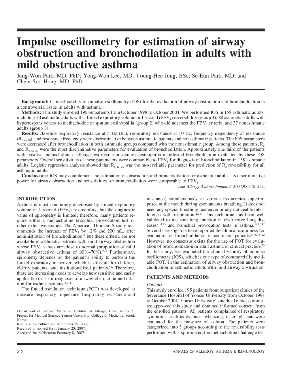 Impulse oscillometry for estimation of airway obstruction and bronchodilation in adults with mild obstructive asthma