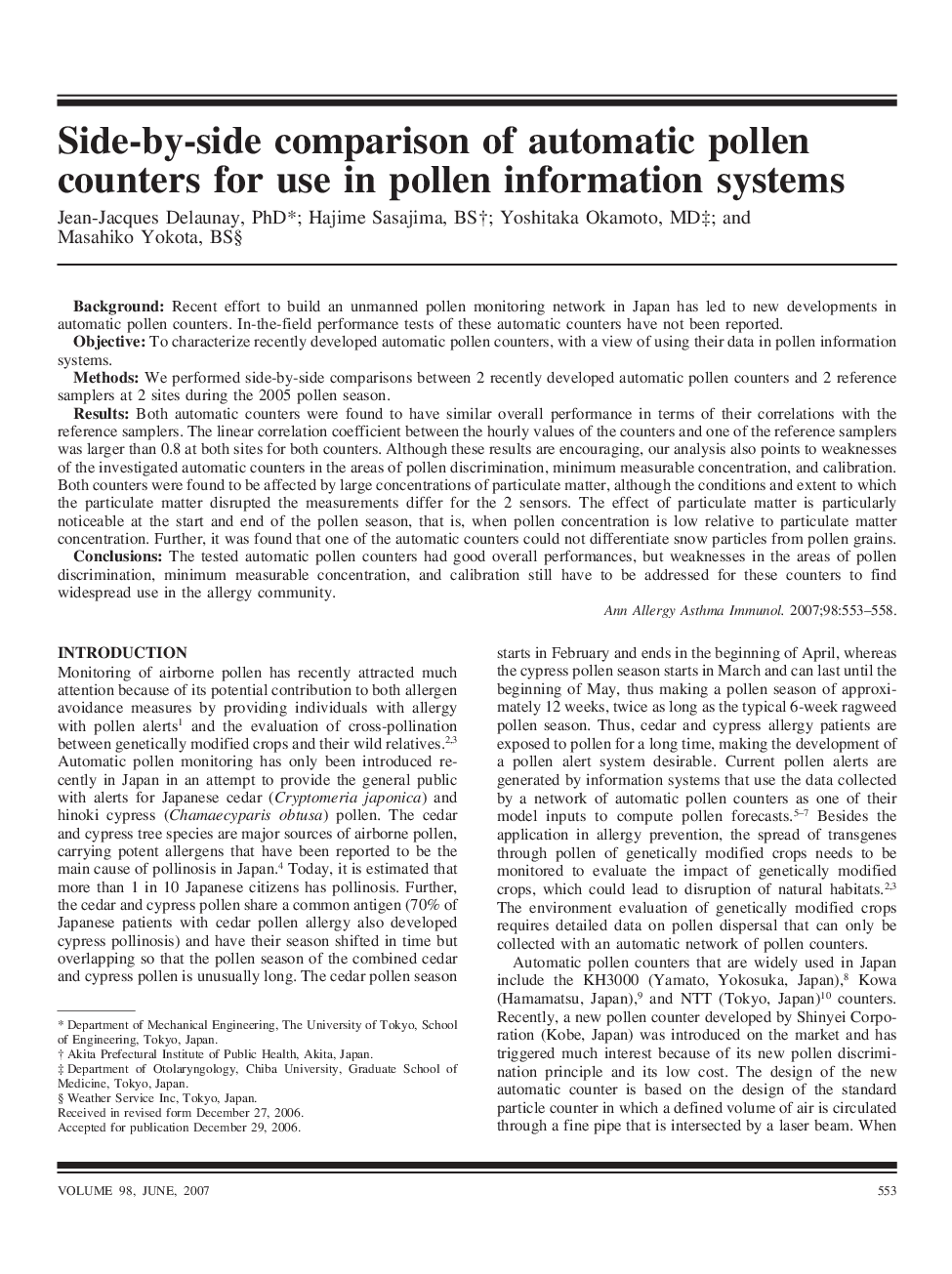 Side-by-side comparison of automatic pollen counters for use in pollen information systems