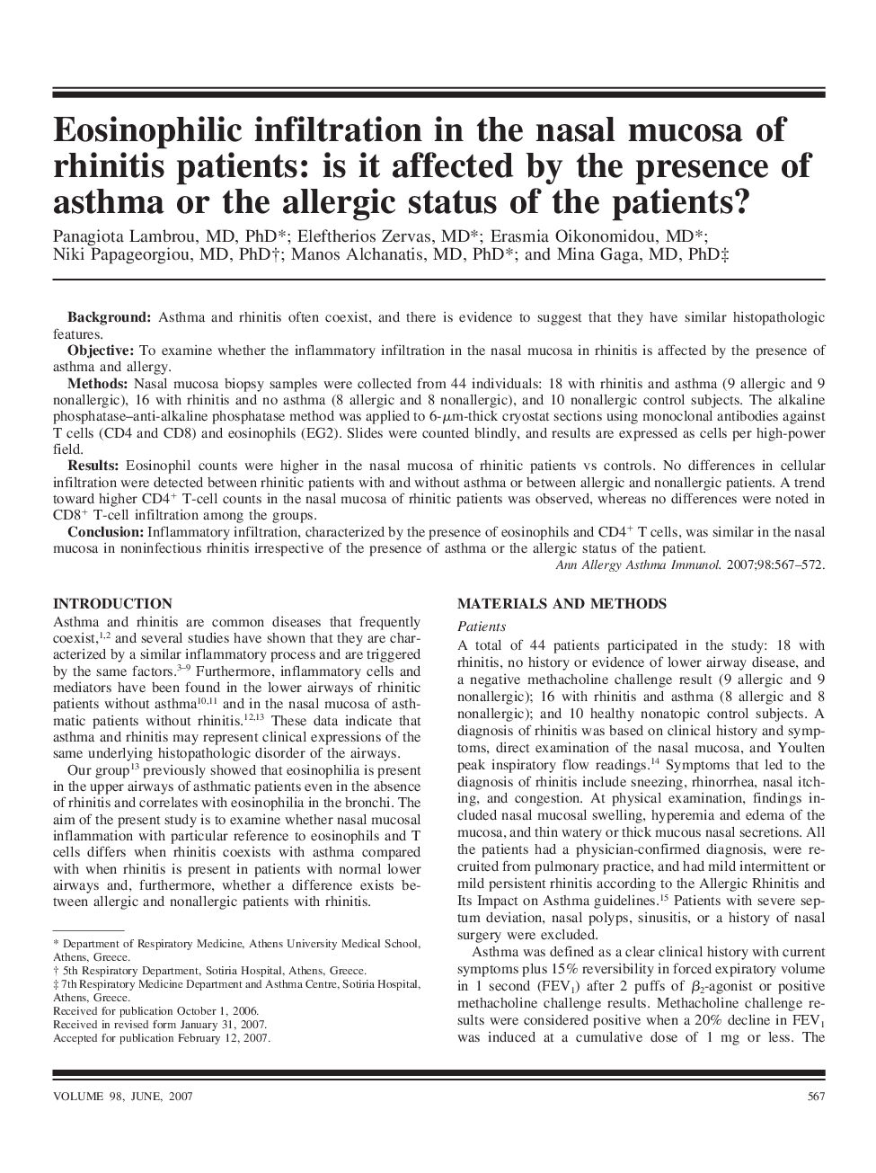 Eosinophilic infiltration in the nasal mucosa of rhinitis patients: is it affected by the presence of asthma or the allergic status of the patients?