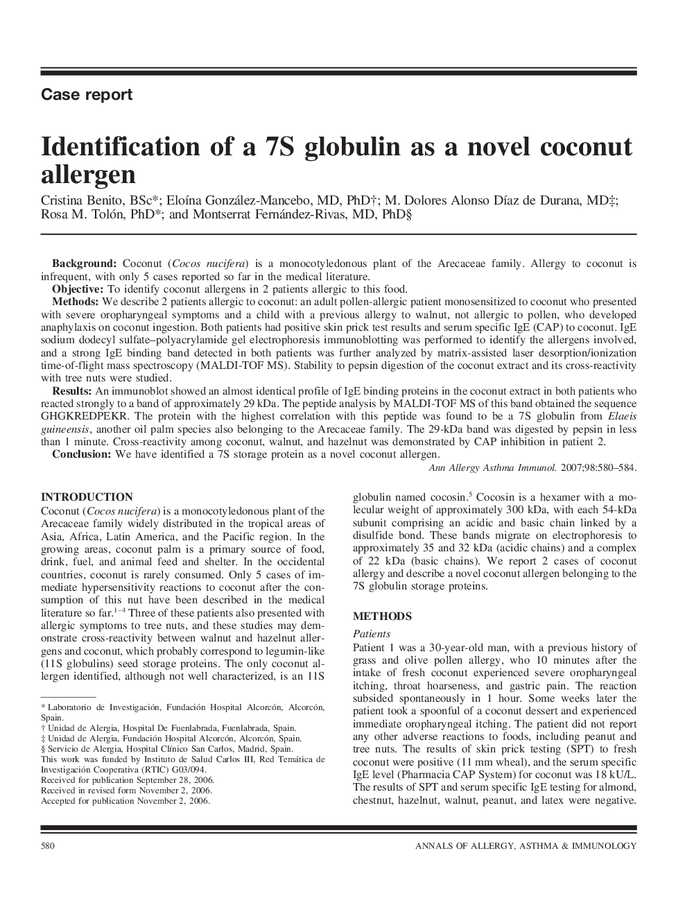 Identification of a 7S globulin as a novel coconut allergen