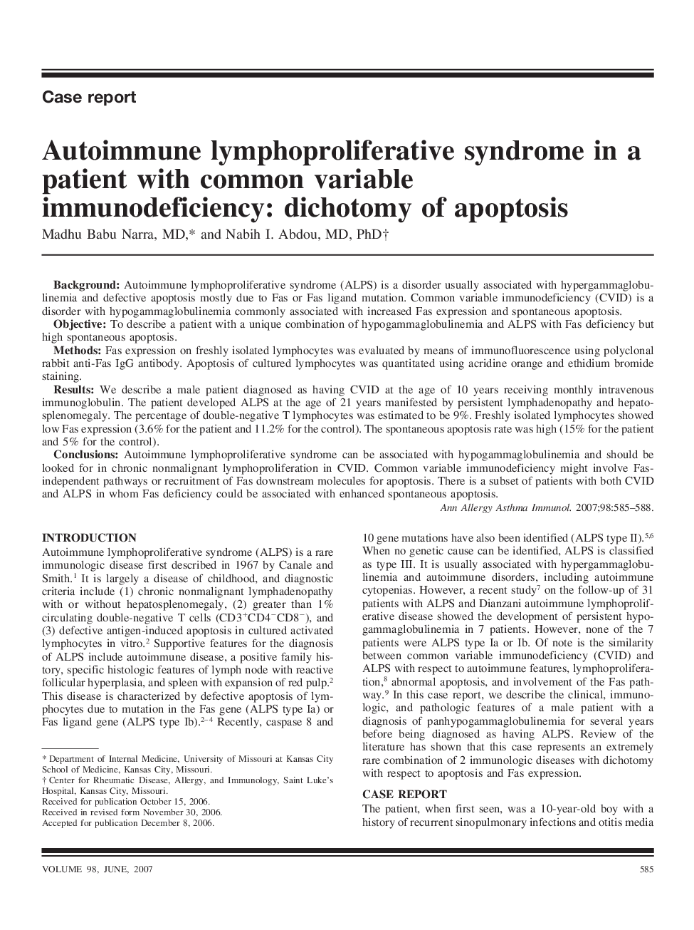 Autoimmune lymphoproliferative syndrome in a patient with common variable immunodeficiency: dichotomy of apoptosis