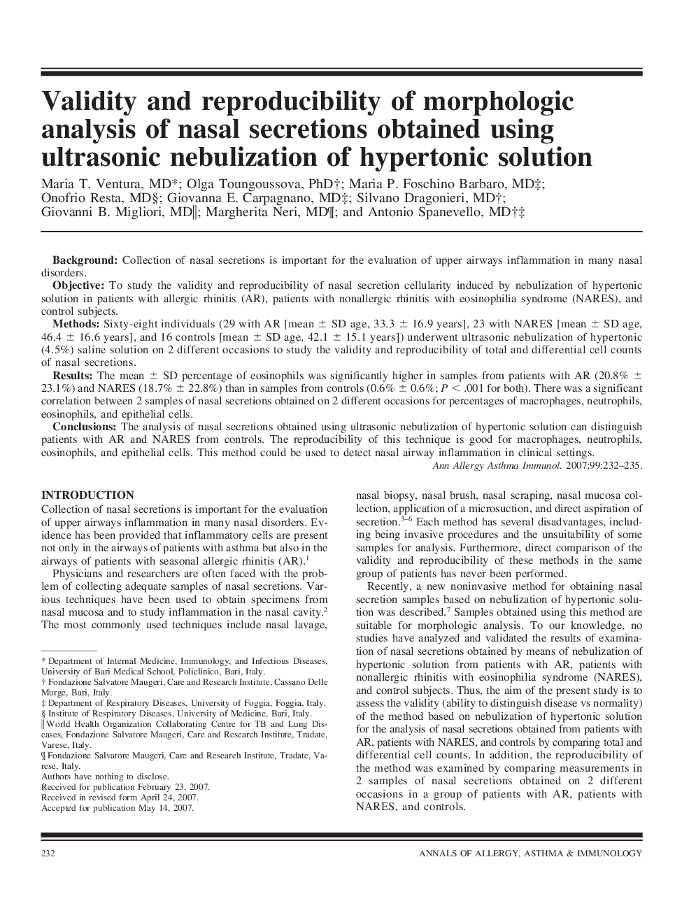 عکس صفحه اول مقاله: Validity and reproducibility of morphologic analysis of nasal secretions obtained using ultrasonic nebulization of hypertonic solution Validity and reproducibility of morphologic analysis of nasal secretions obtained using ultrasonic nebulization of hypertonic solution