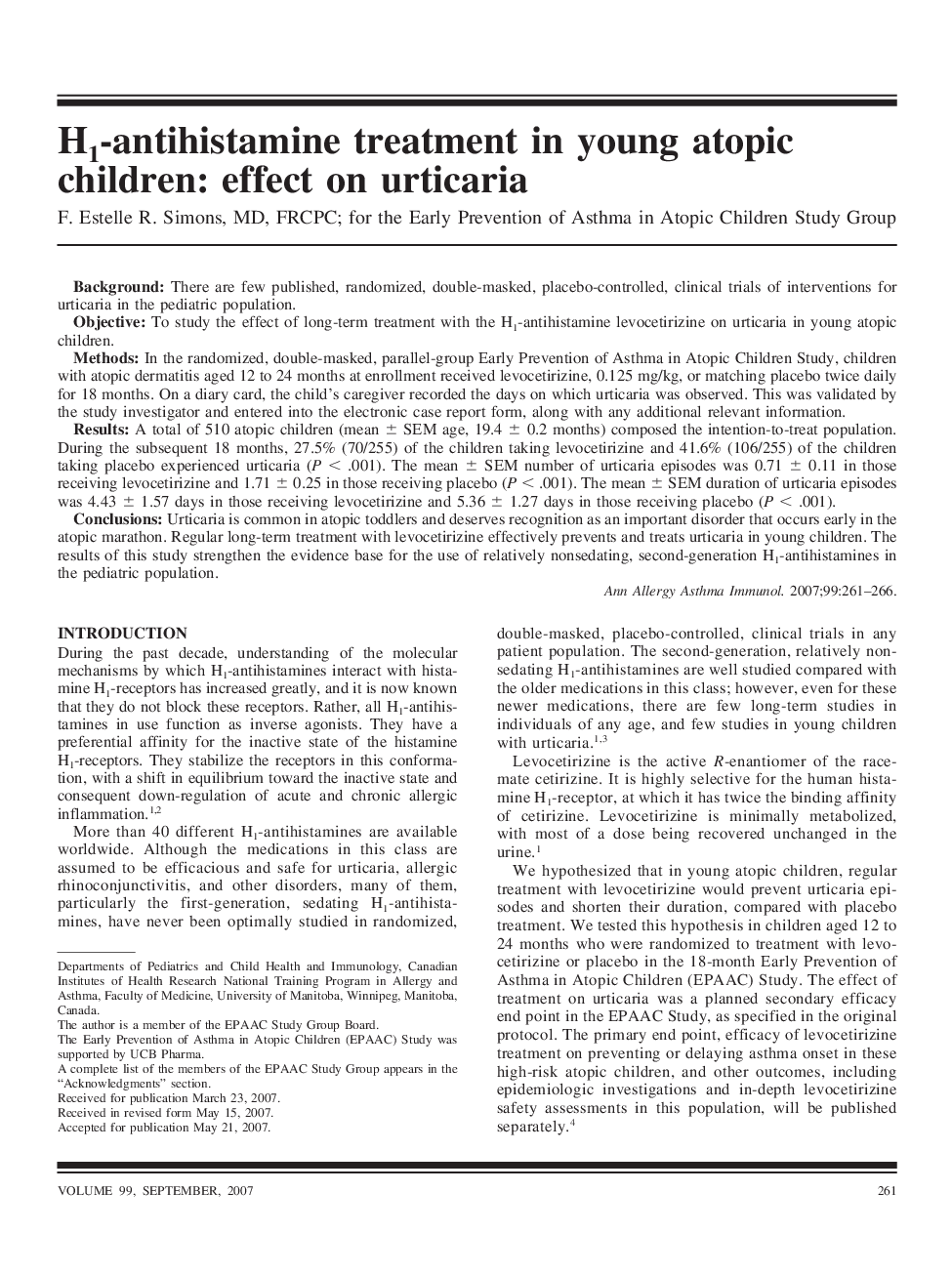 عکس صفحه اول مقاله: H1-antihistamine treatment in young atopic children: effect on urticaria H1-antihistamine treatment in young atopic children: effect on urticaria