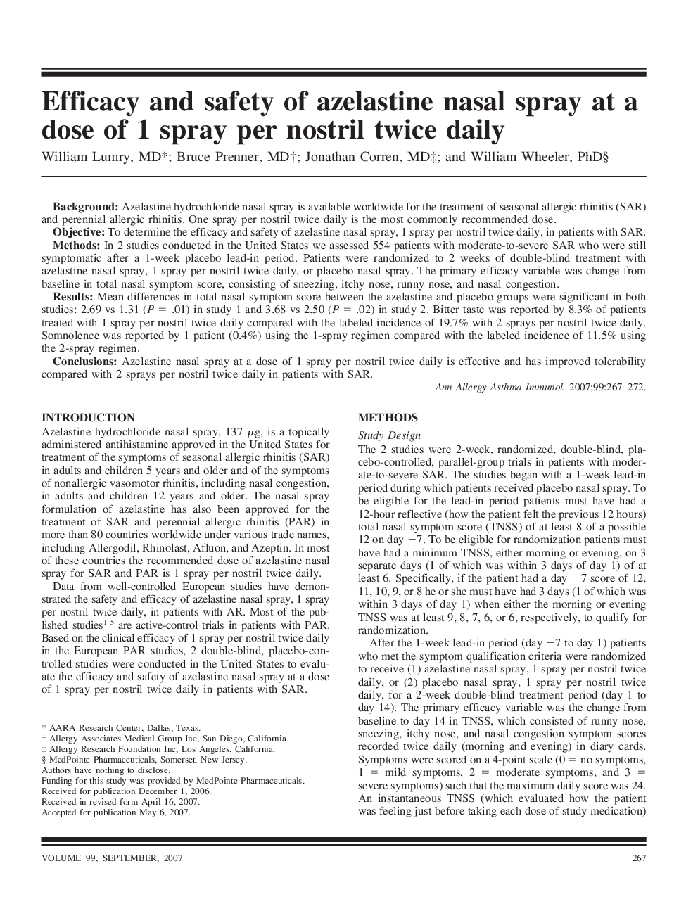 Efficacy and safety of azelastine nasal spray at a dose of 1 spray per nostril twice daily