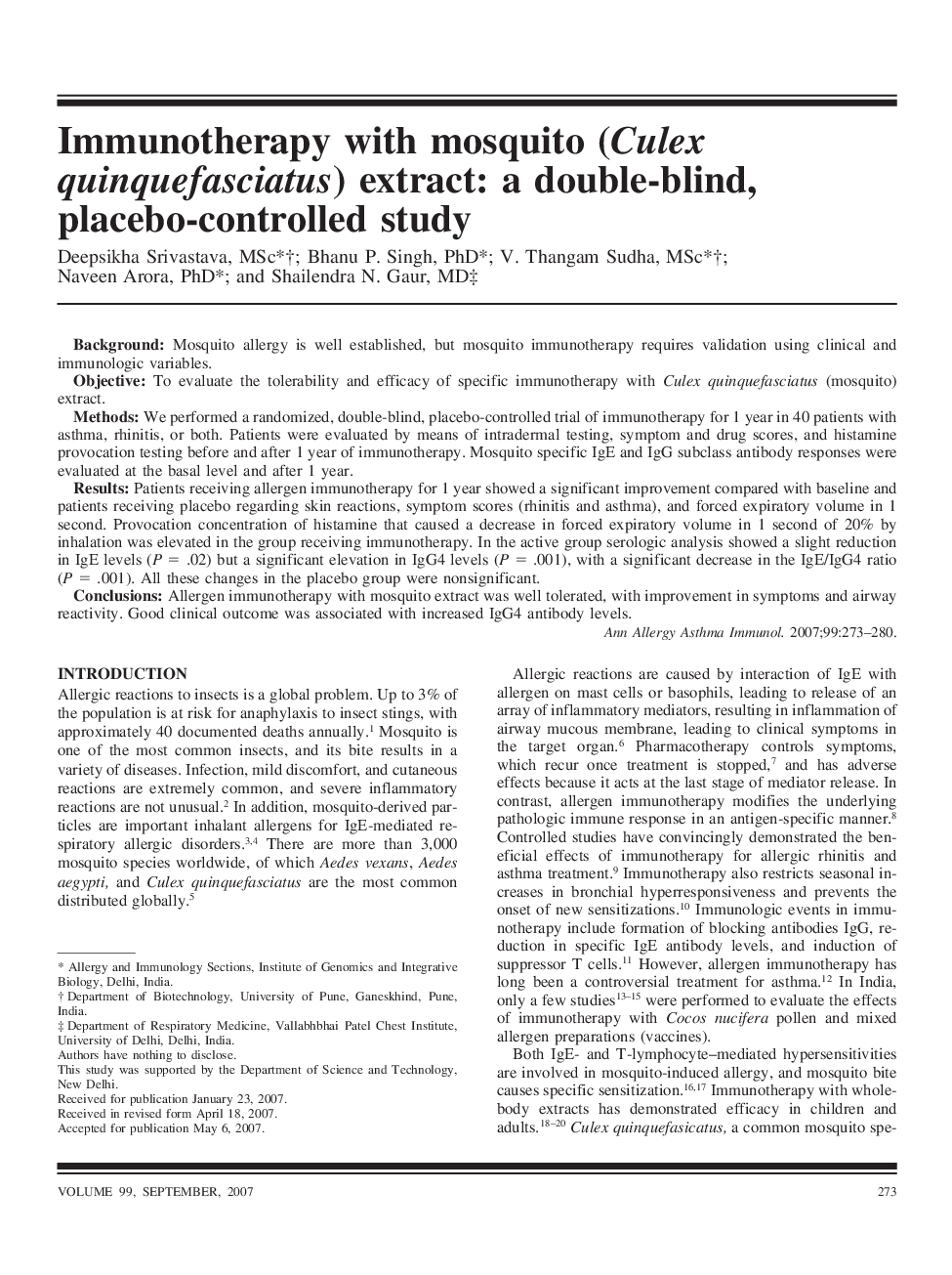 Immunotherapy with mosquito (Culex quinquefasciatus) extract: a double-blind, placebo-controlled study