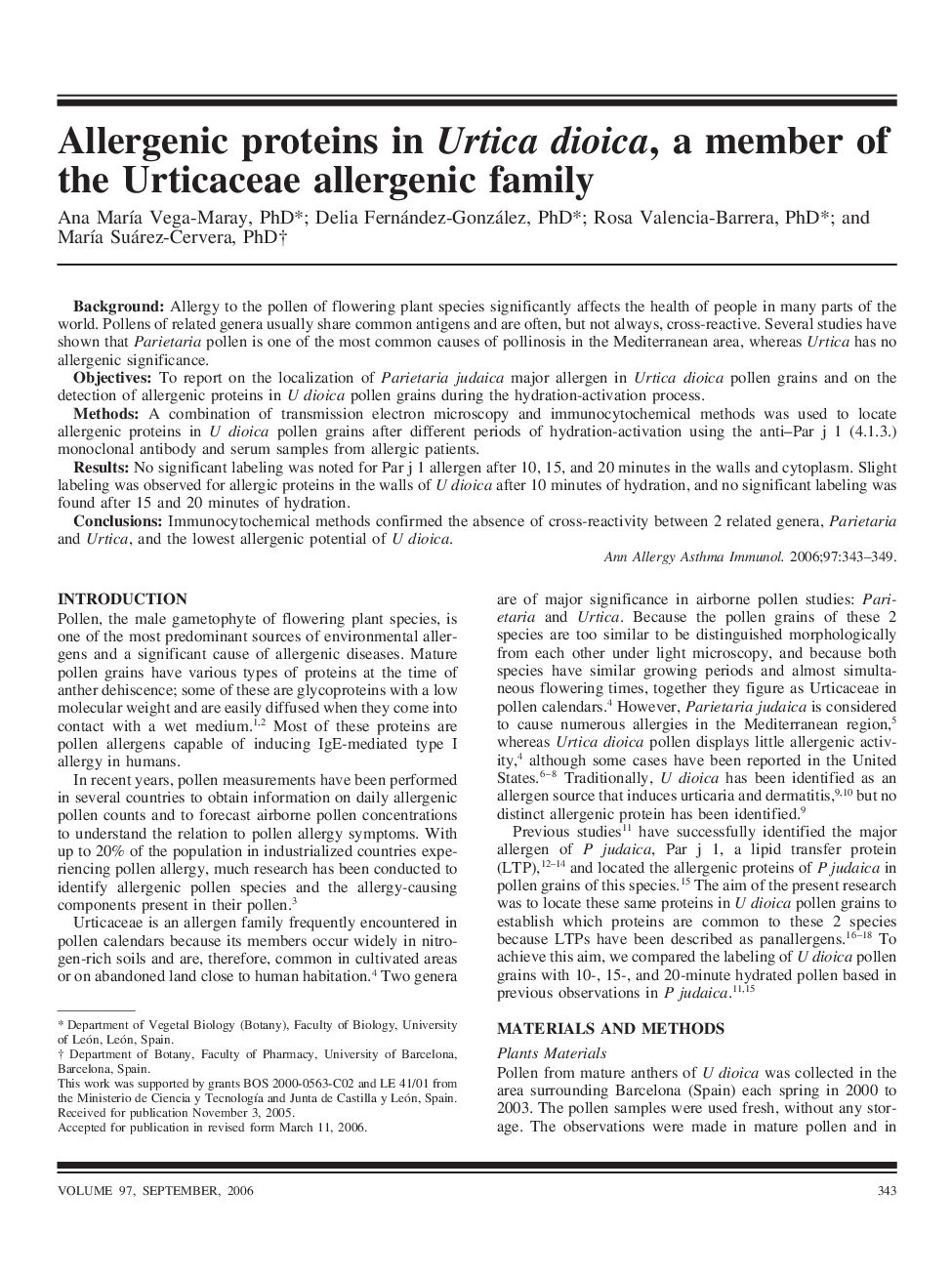 Allergenic proteins in Urtica dioica, a member of the Urticaceae allergenic family