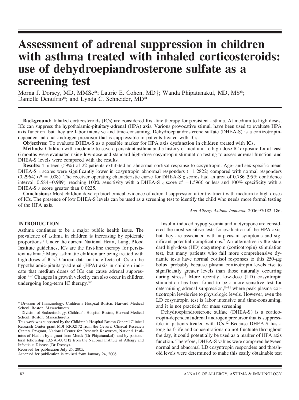 Assessment of adrenal suppression in children with asthma treated with inhaled corticosteroids: use of dehydroepiandrosterone sulfate as a screening test