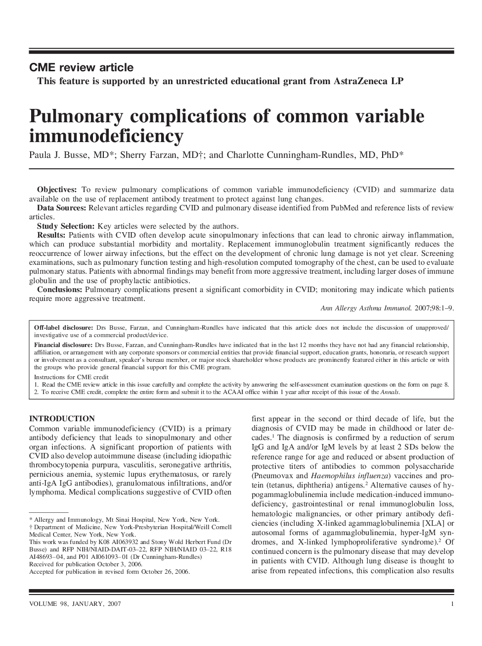 Pulmonary complications of common variable immunodeficiency