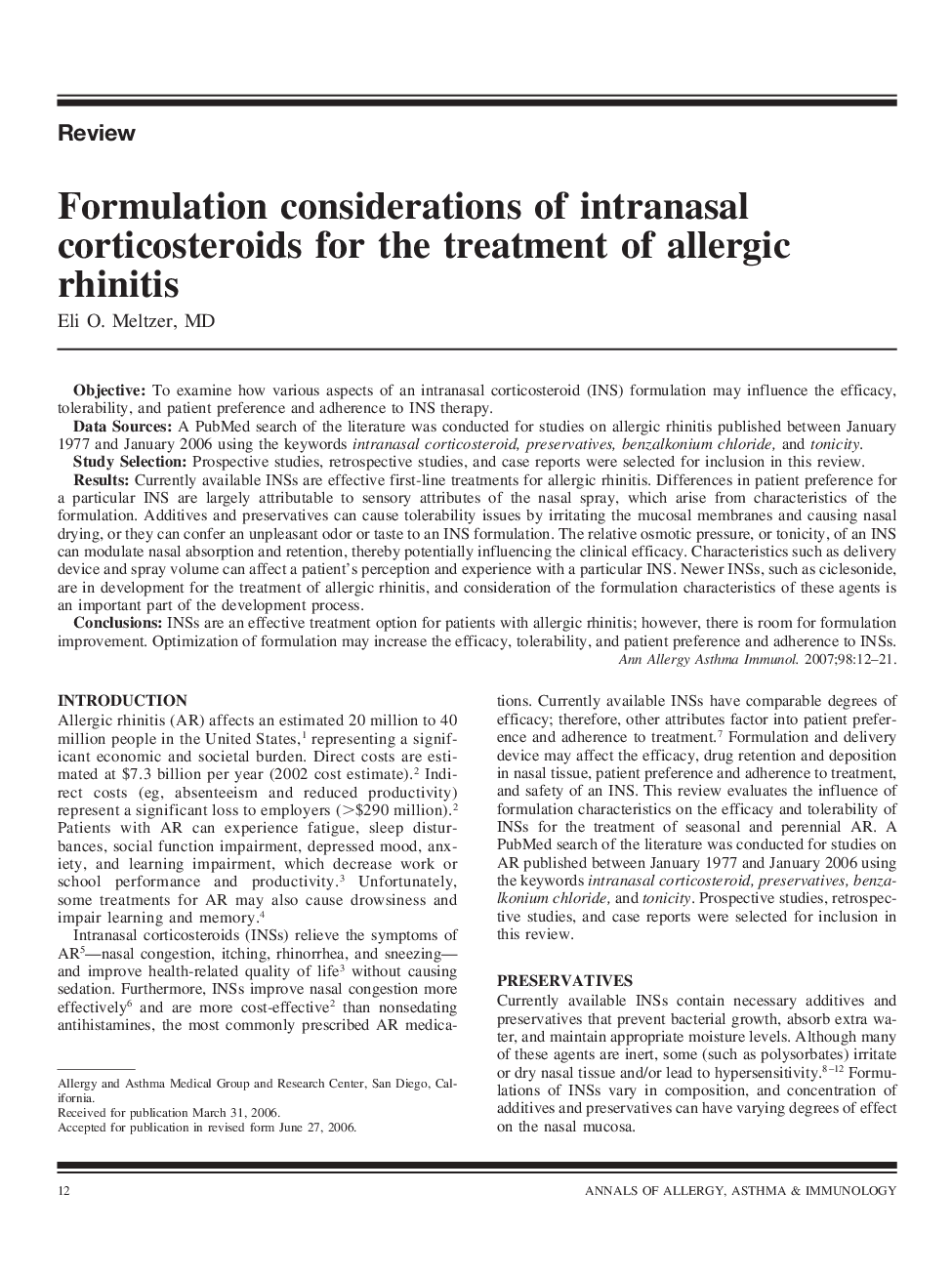 Formulation considerations of intranasal corticosteroids for the treatment of allergic rhinitis