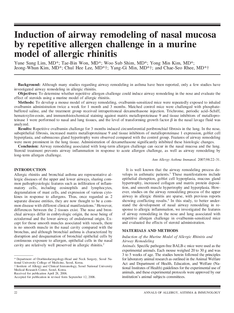 Induction of airway remodeling of nasal mucosa by repetitive allergen challenge in a murine model of allergic rhinitis