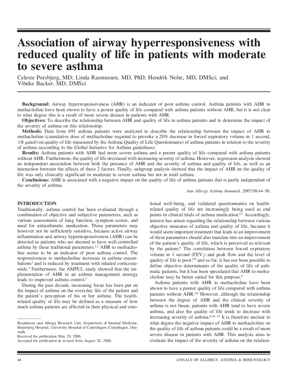 Association of airway hyperresponsiveness with reduced quality of life in patients with moderate to severe asthma