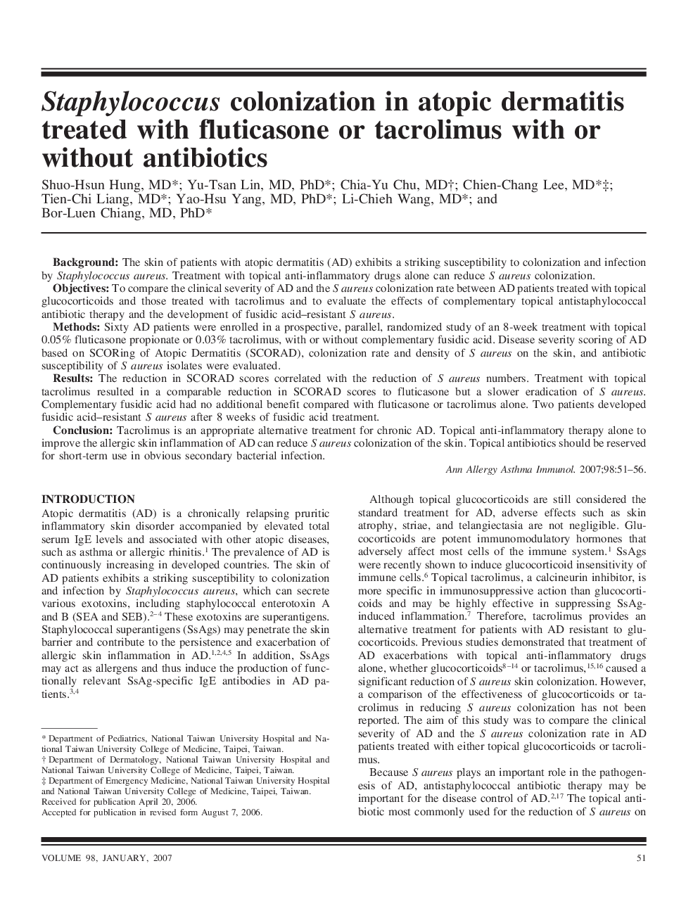 Staphylococcus colonization in atopic dermatitis treated with fluticasone or tacrolimus with or without antibiotics