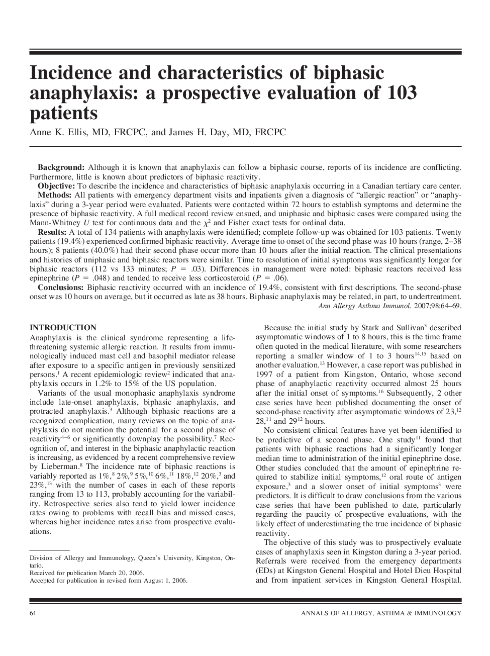 Incidence and characteristics of biphasic anaphylaxis: a prospective evaluation of 103 patients