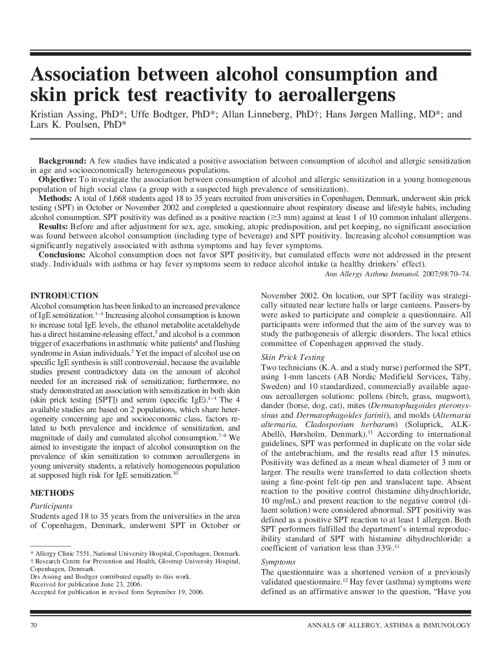 Association between alcohol consumption and skin prick test reactivity to aeroallergens