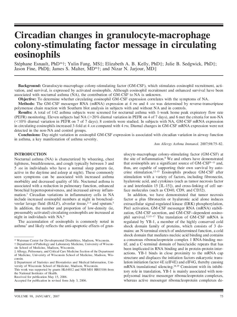 Circadian changes in granulocyte-macrophage colony-stimulating factor message in circulating eosinophils