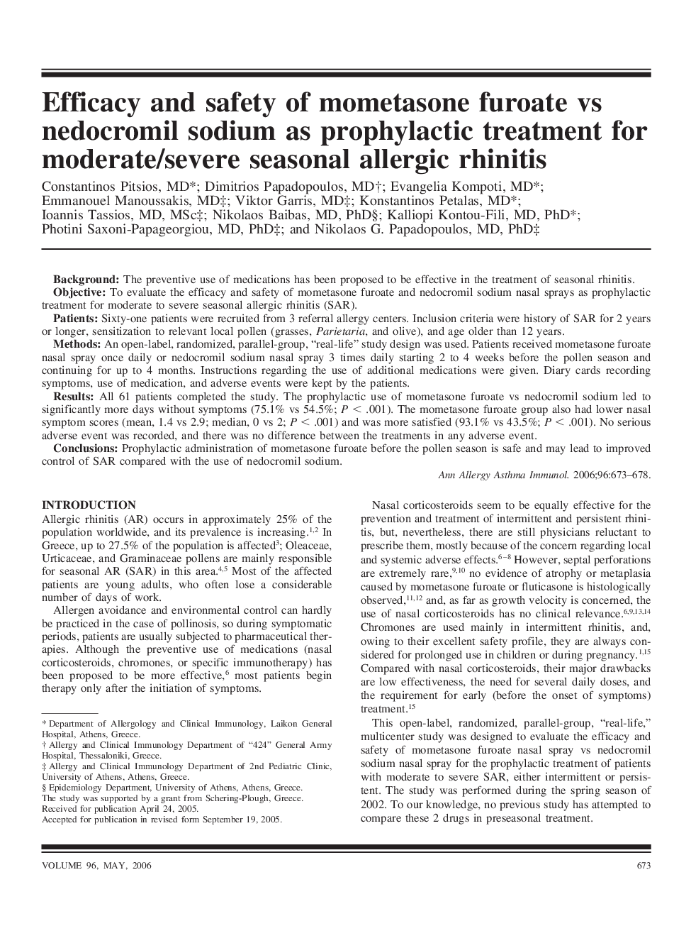 Efficacy and safety of mometasone furoate vs nedocromil sodium as prophylactic treatment for moderate/severe seasonal allergic rhinitis
