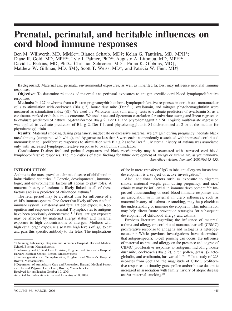 Prenatal, perinatal, and heritable influences on cord blood immune responses