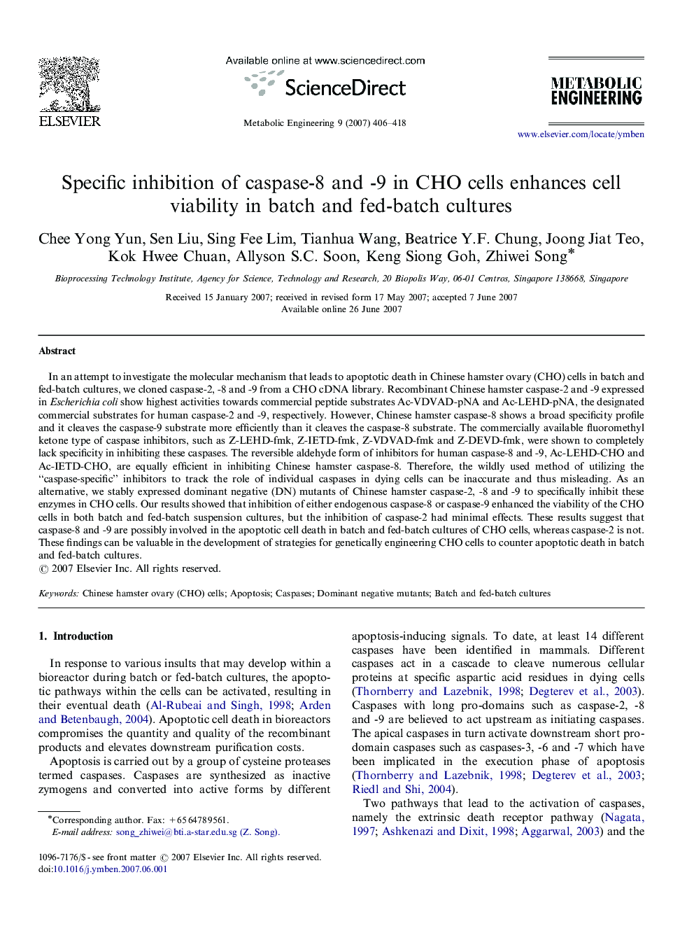 Specific inhibition of caspase-8 and -9 in CHO cells enhances cell viability in batch and fed-batch cultures