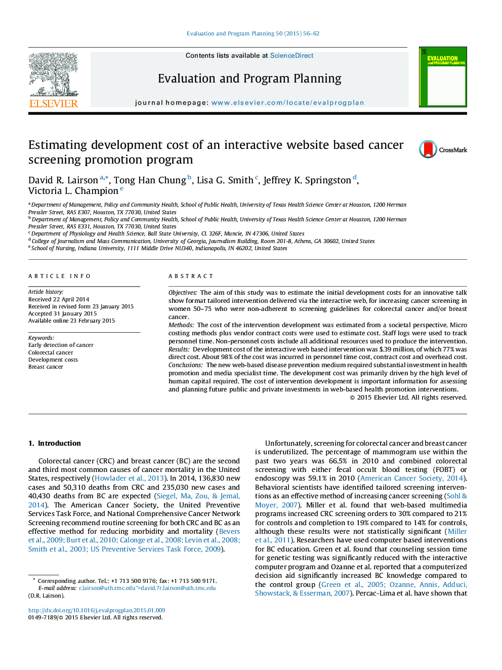 Estimating development cost of an interactive website based cancer screening promotion program