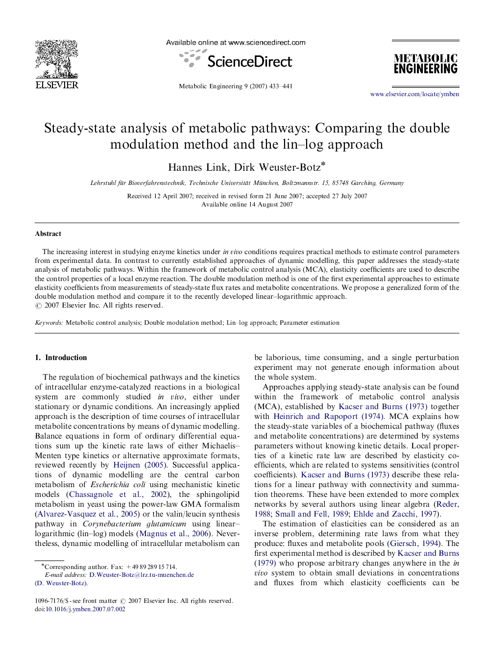 Steady-state analysis of metabolic pathways: Comparing the double modulation method and the lin–log approach