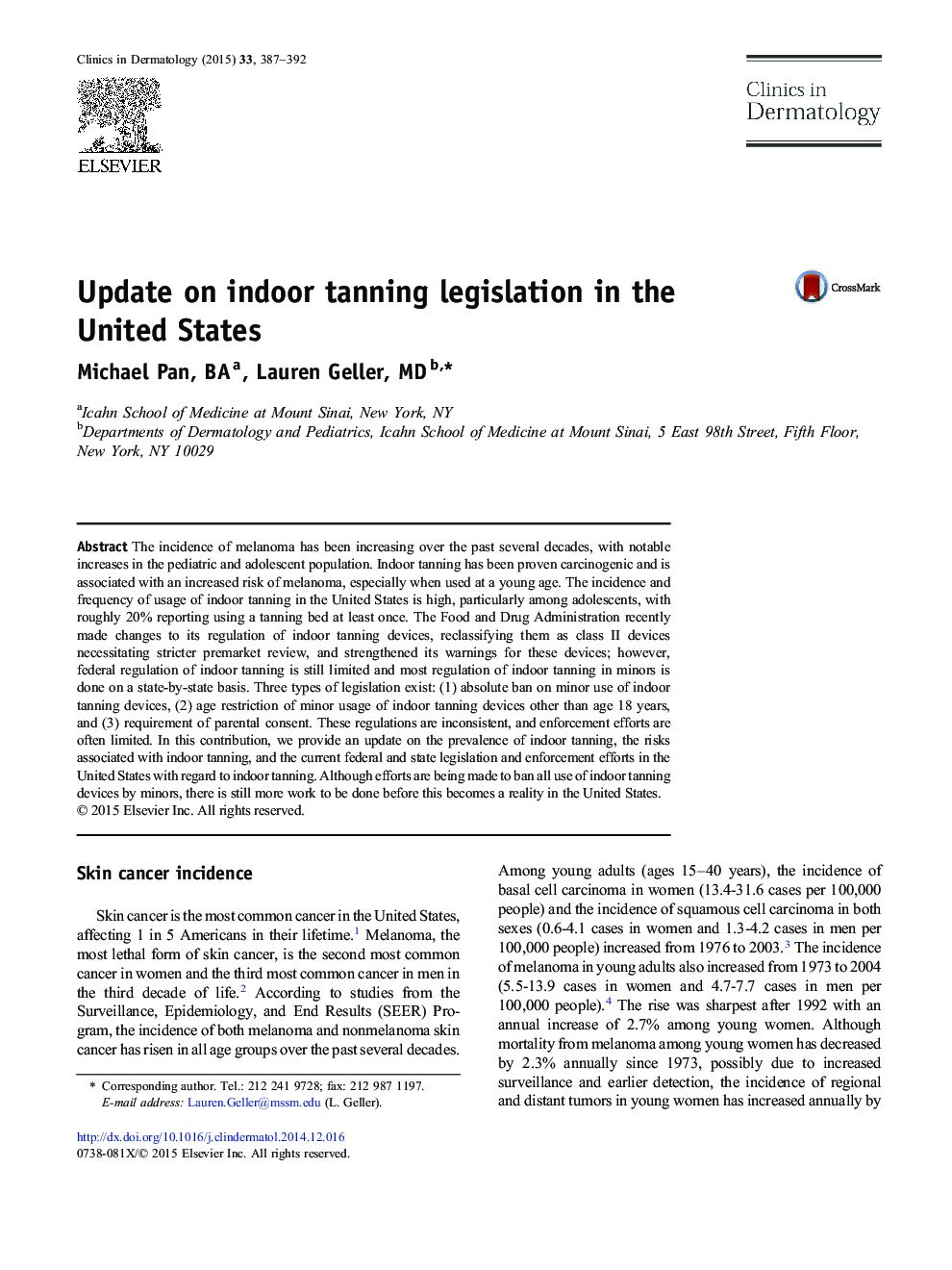 Update on indoor tanning legislation in the United States