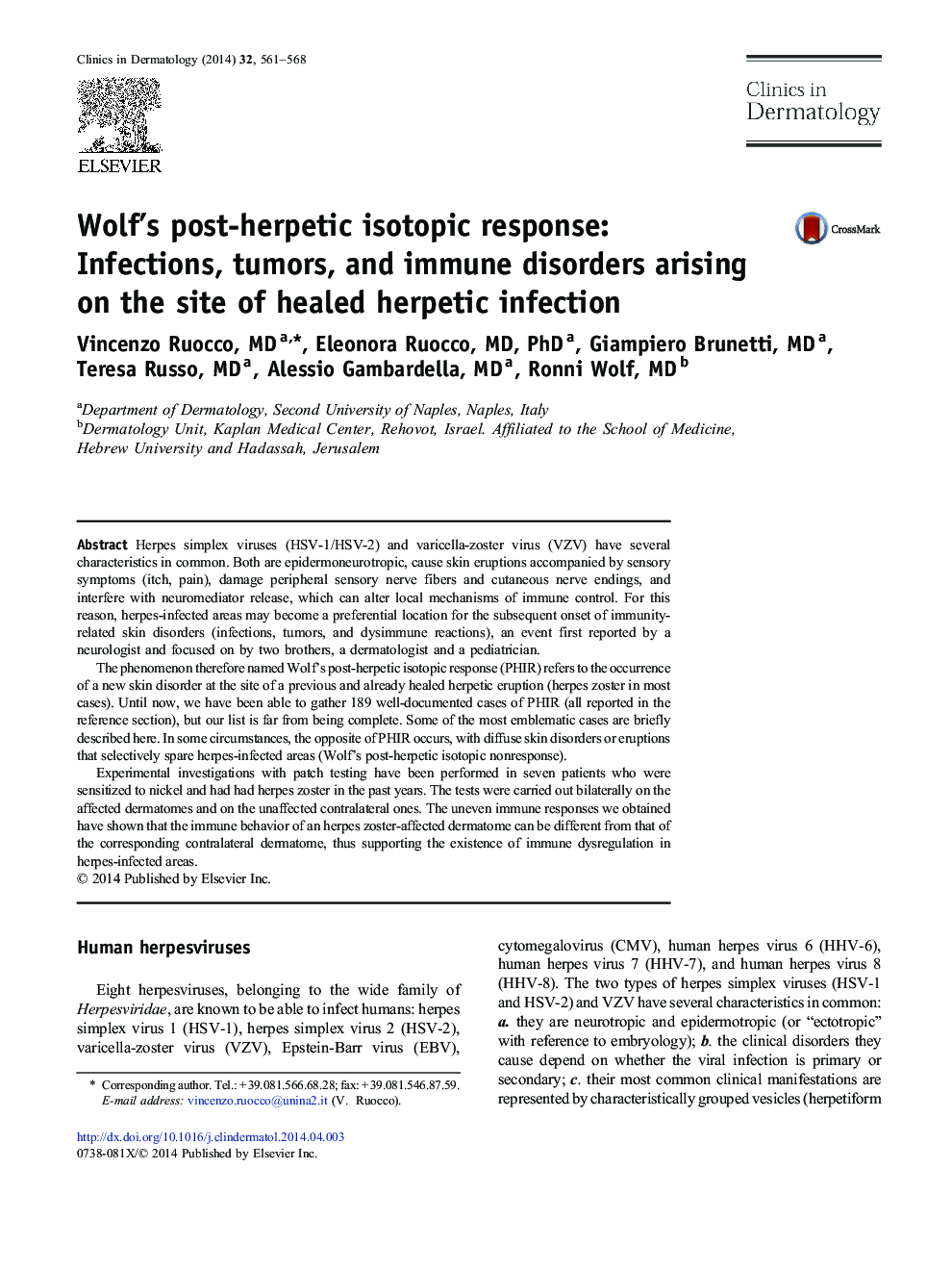 Wolf’s post-herpetic isotopic response: Infections, tumors, and immune disorders arising on the site of healed herpetic infection