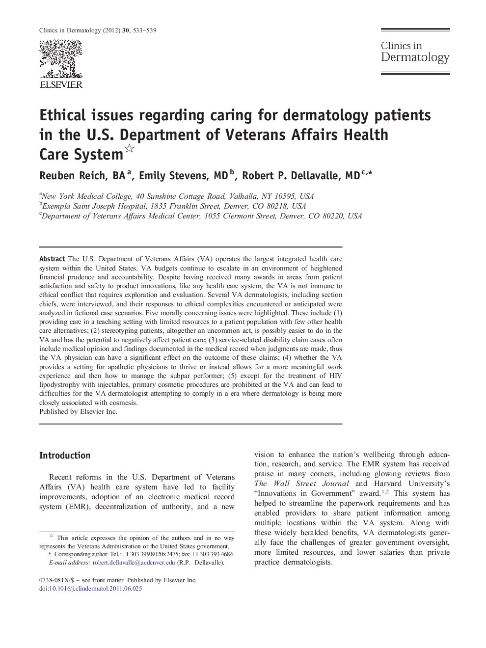 Ethical issues regarding caring for dermatology patients in the U.S. Department of Veterans Affairs Health Care System 