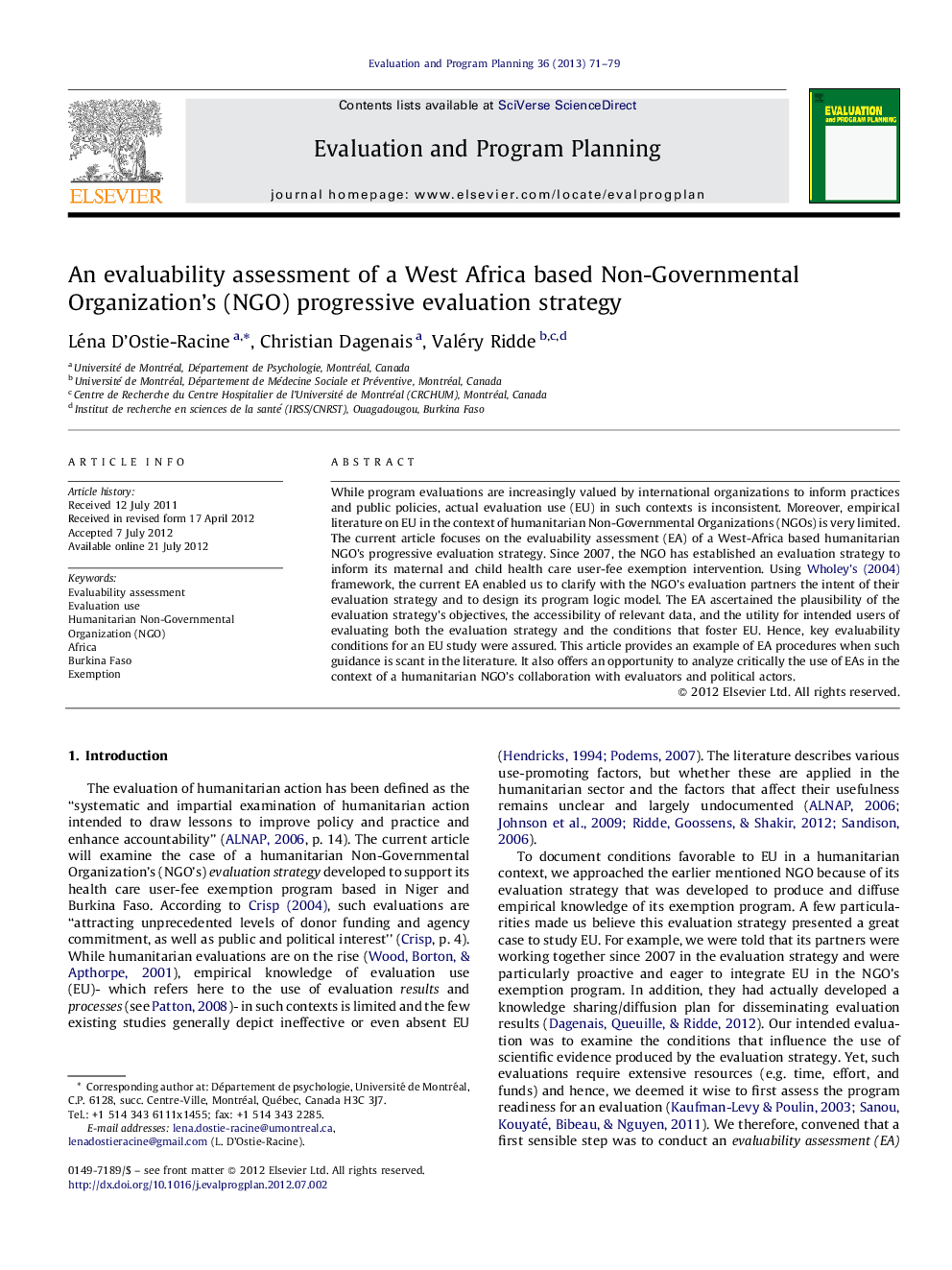 An evaluability assessment of a West Africa based Non-Governmental Organization's (NGO) progressive evaluation strategy