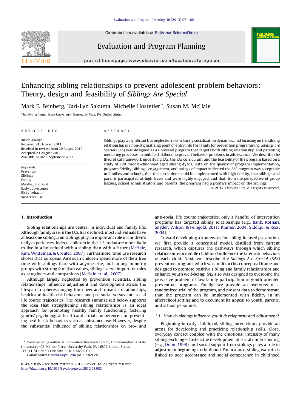 Enhancing sibling relationships to prevent adolescent problem behaviors: Theory, design and feasibility of Siblings Are Special