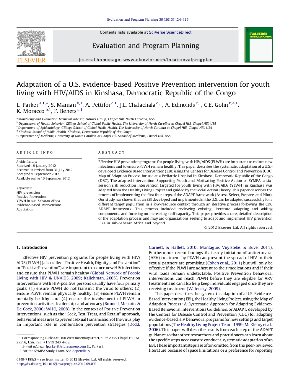 Adaptation of a U.S. evidence-based Positive Prevention intervention for youth living with HIV/AIDS in Kinshasa, Democratic Republic of the Congo