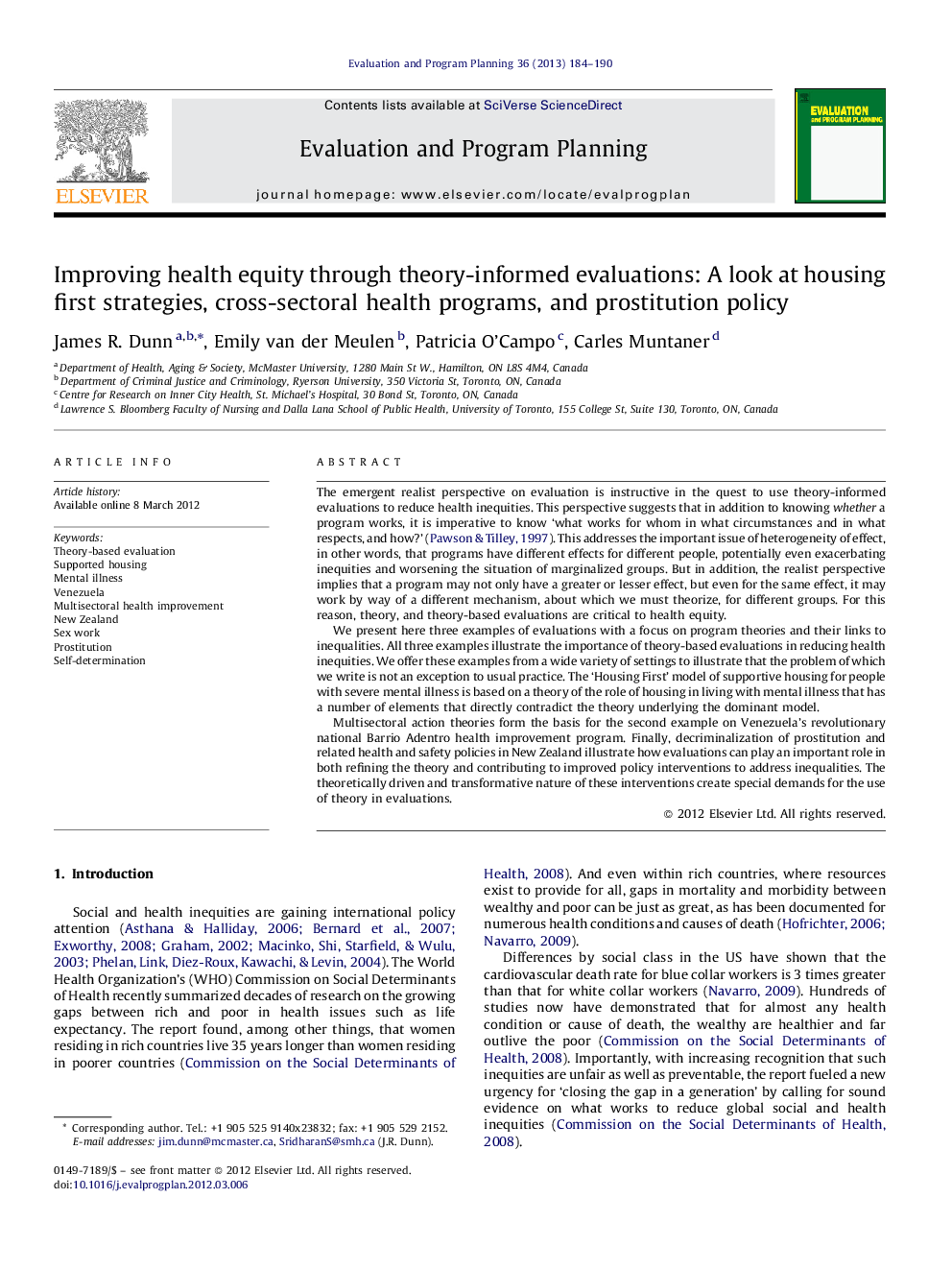 Improving health equity through theory-informed evaluations: A look at housing first strategies, cross-sectoral health programs, and prostitution policy