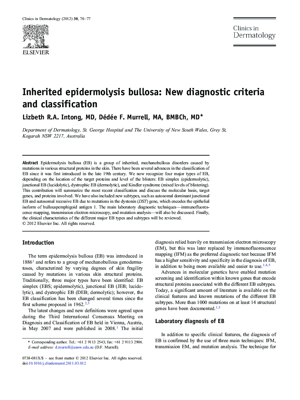 Inherited epidermolysis bullosa: New diagnostic criteria and classification