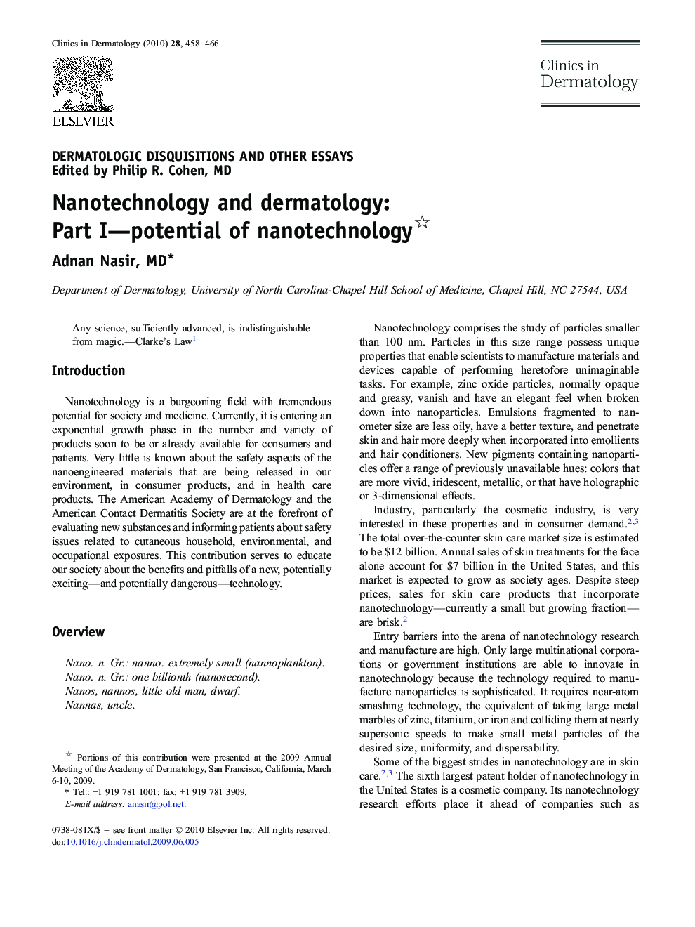 Nanotechnology and dermatology: Part I-potential of nanotechnology