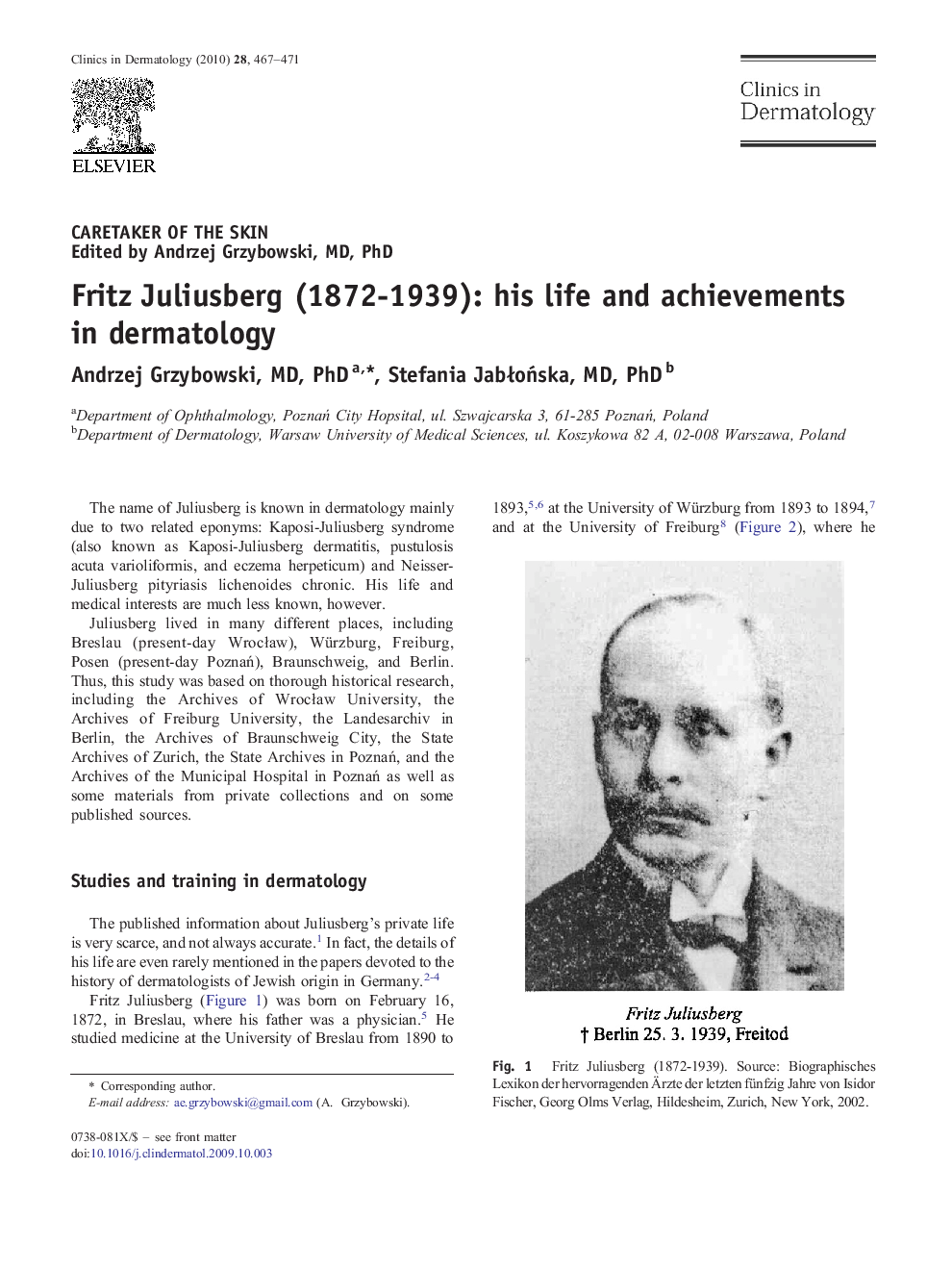 Fritz Juliusberg (1872-1939): his life and achievements in dermatology