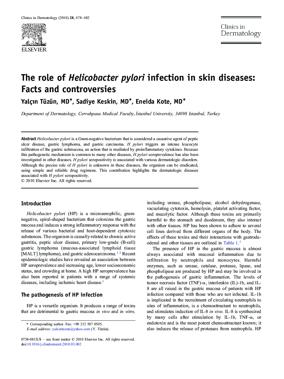 The role of Helicobacter pylori infection in skin diseases: Facts and controversies