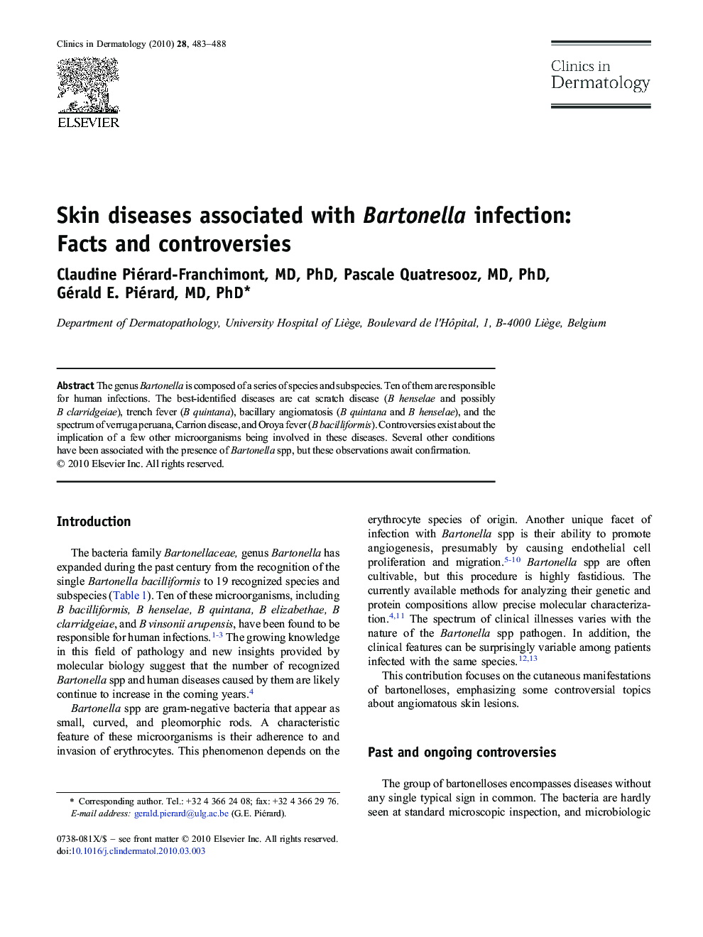 Skin diseases associated with Bartonella infection: Facts and controversies