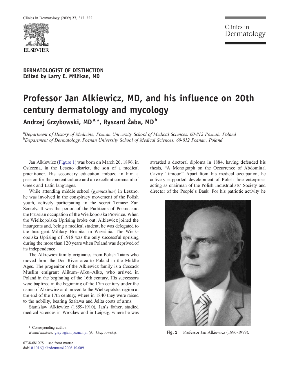 Professor Jan Alkiewicz, MD, and his influence on 20th century dermatology and mycology