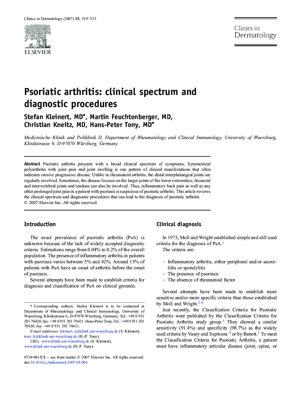 Psoriatic arthritis: clinical spectrum and diagnostic procedures