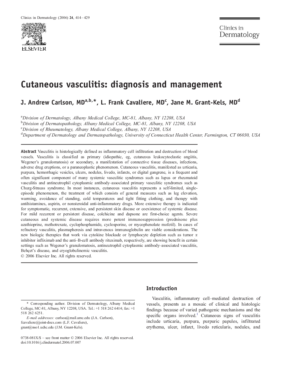 Cutaneous vasculitis: diagnosis and management