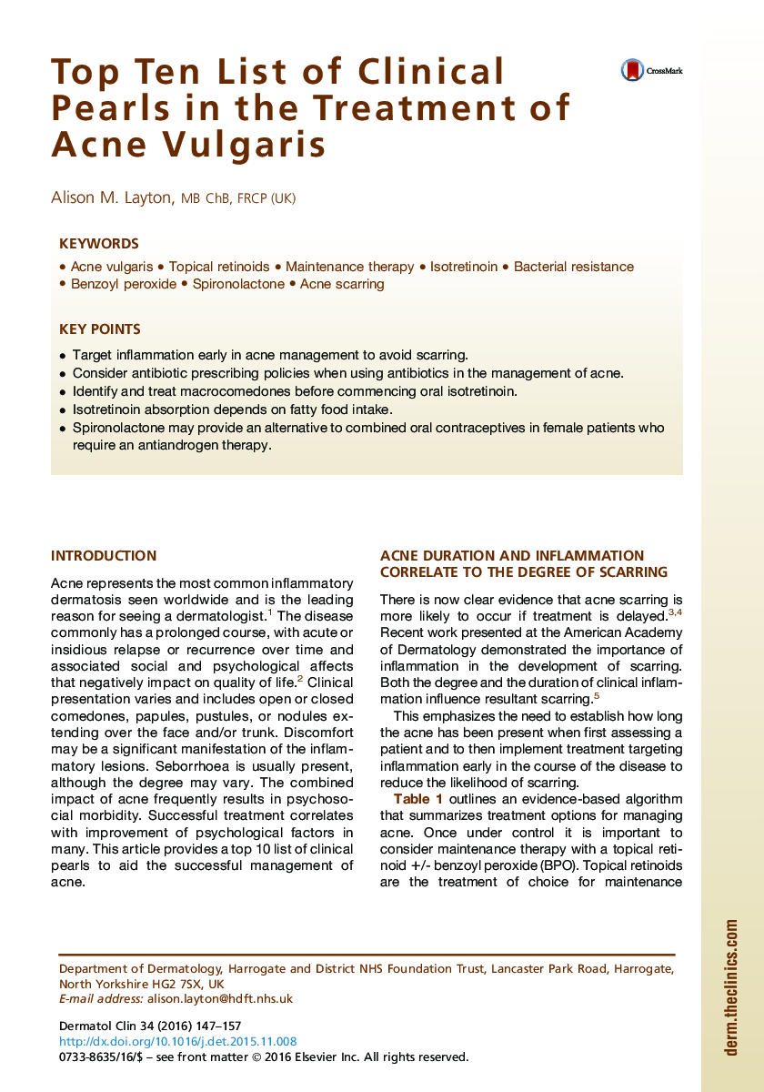 Top Ten List of Clinical Pearls in the Treatment of Acne Vulgaris