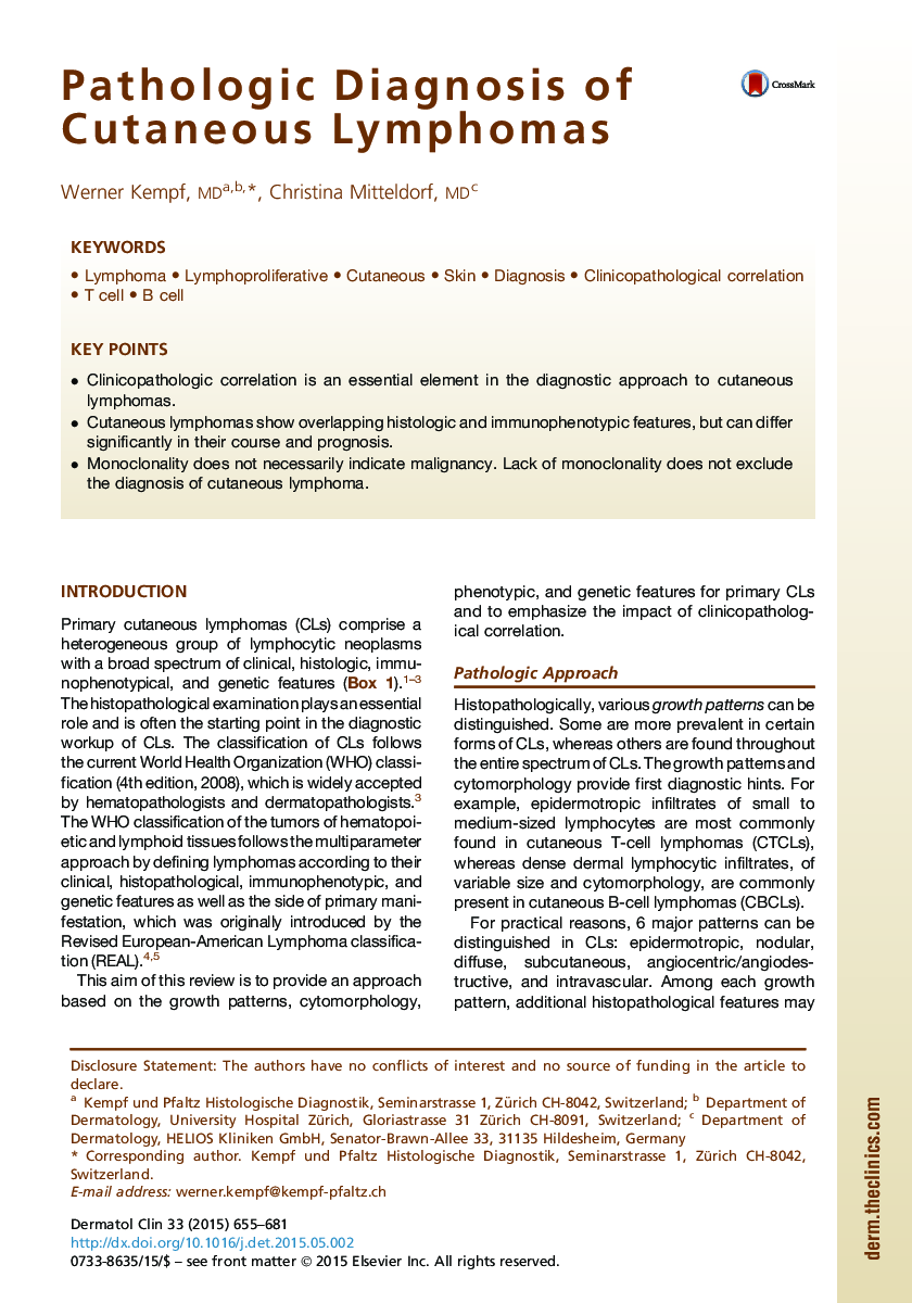 Pathologic Diagnosis of Cutaneous Lymphomas