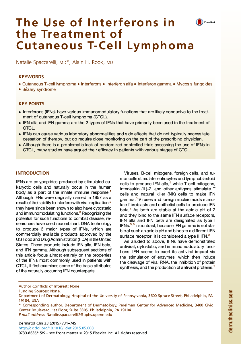 The Use of Interferons in the Treatment of Cutaneous T-Cell Lymphoma