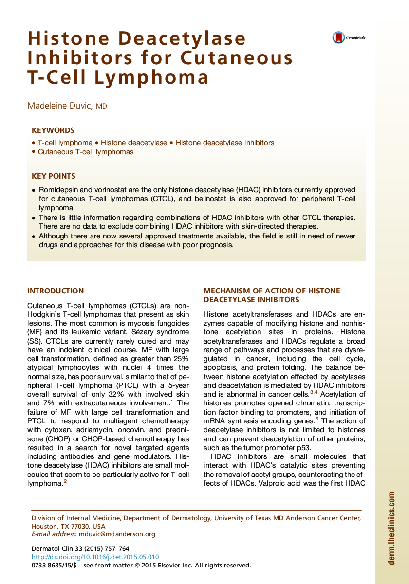 Histone Deacetylase Inhibitors for Cutaneous T-Cell Lymphoma