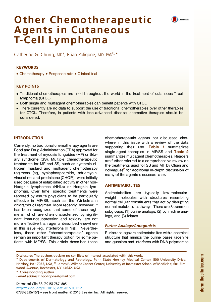 Other Chemotherapeutic Agents in Cutaneous T-Cell Lymphoma